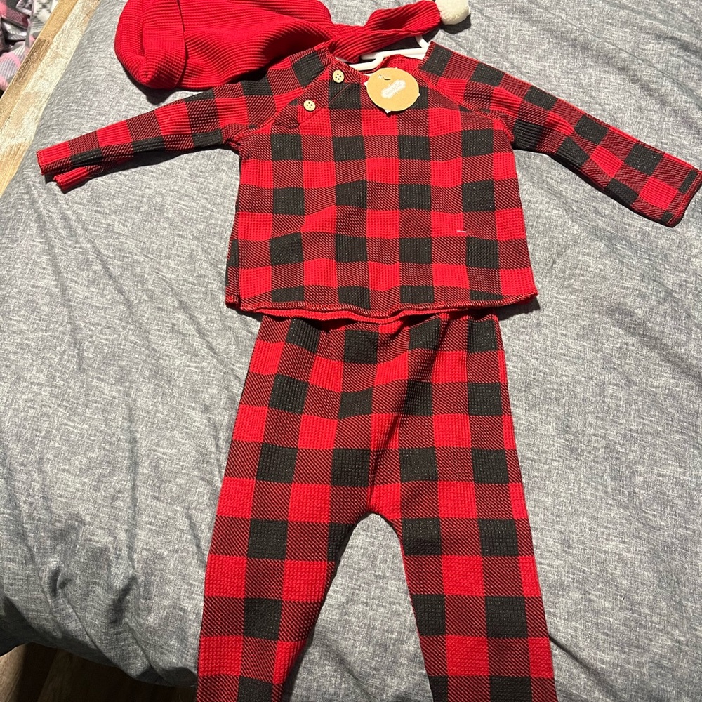 Mud Pie Red and Black Plaid Kids outfit with Hat